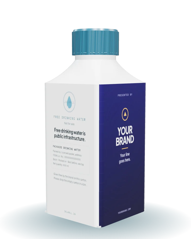 A Jal4All bottle-shaped water carton with a screw cap and space for your brand